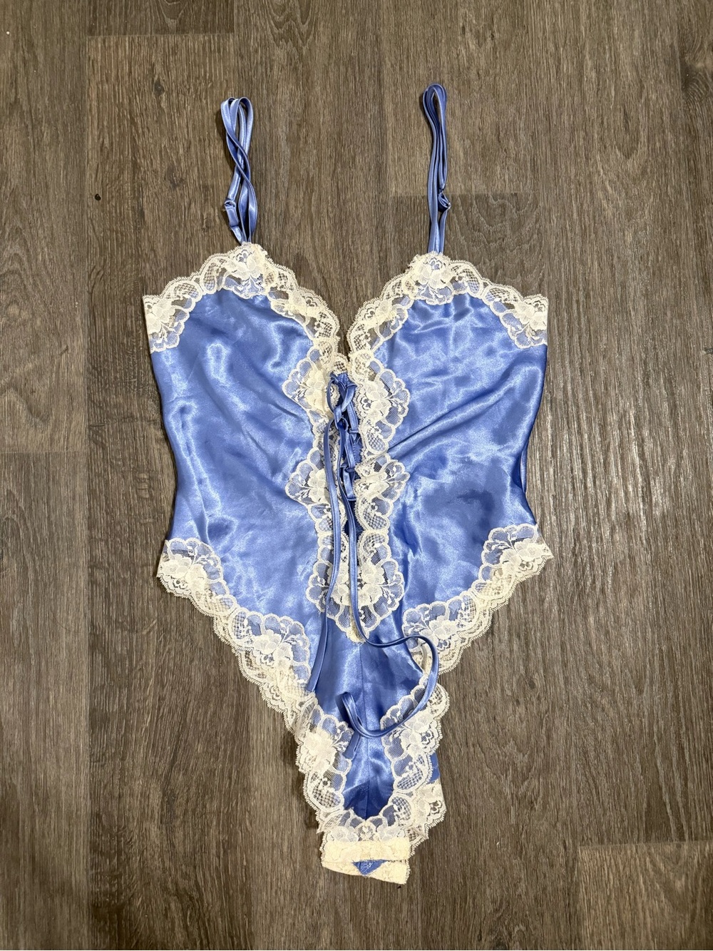 delicates Blue Satin Lace-Trim Teddy Bodysuit